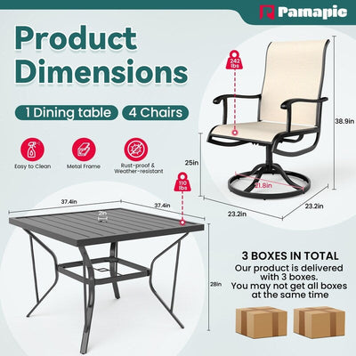 5-Piece Metal Outdoor Patio Dining Set with Square Table and Textilene Swivel Chairs