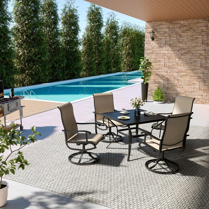 5-Piece Metal Outdoor Patio Dining Set with Square Table and Textilene Swivel Chairs