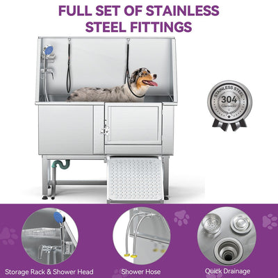 50'' W Stainless Steel Adjustable Pet Grooming Tub with Ramp - Silver