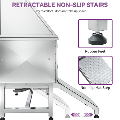 50'' W Stainless Steel Adjustable Pet Grooming Tub with Steps Ramp
