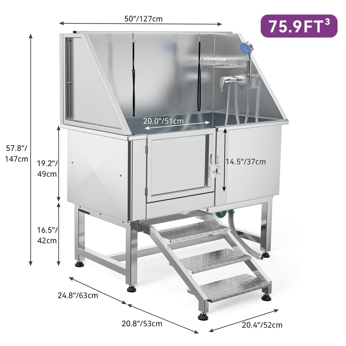 50'' W Stainless Steel Adjustable Pet Grooming Tub with Steps Ramp