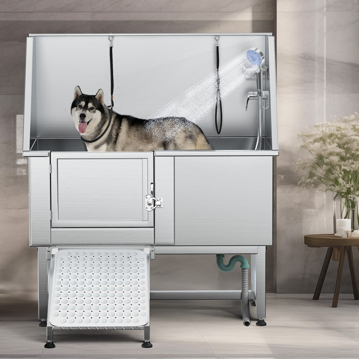 50'' W Stainless Steel Adjustable Pet Grooming Tub with Steps Ramp