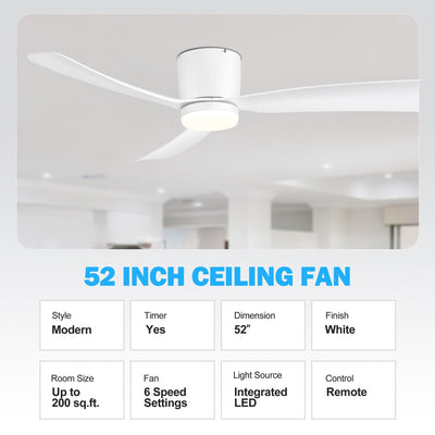 52 Inch Black/White Flush Mount LED Ceiling Fan with Lights Remote(3-Blade)