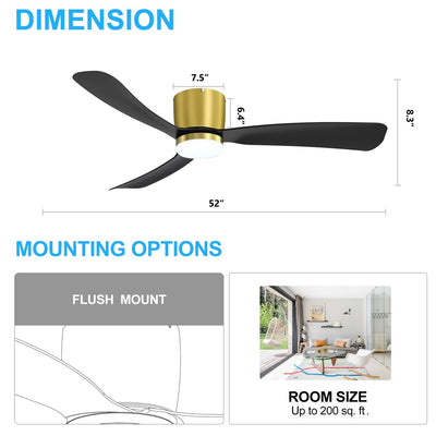 52 Inch Black/White Flush Mount LED Ceiling Fan with Lights Remote(3-Blade)