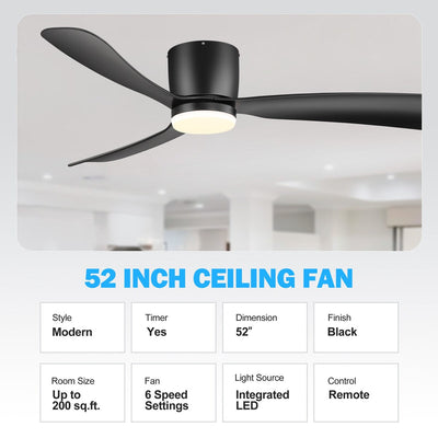 52 Inch Black/White Flush Mount LED Ceiling Fan with Lights Remote(3-Blade)
