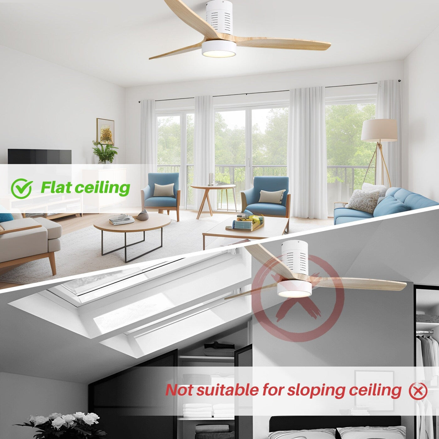 52 Inch Farmhouse Style Flush Mount Ceiling Fan with Light and Remote Control, Reversible DC Motor