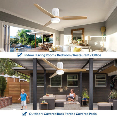 52 Inch Farmhouse Style Flush Mount Ceiling Fan with Light and Remote Control, Reversible DC Motor