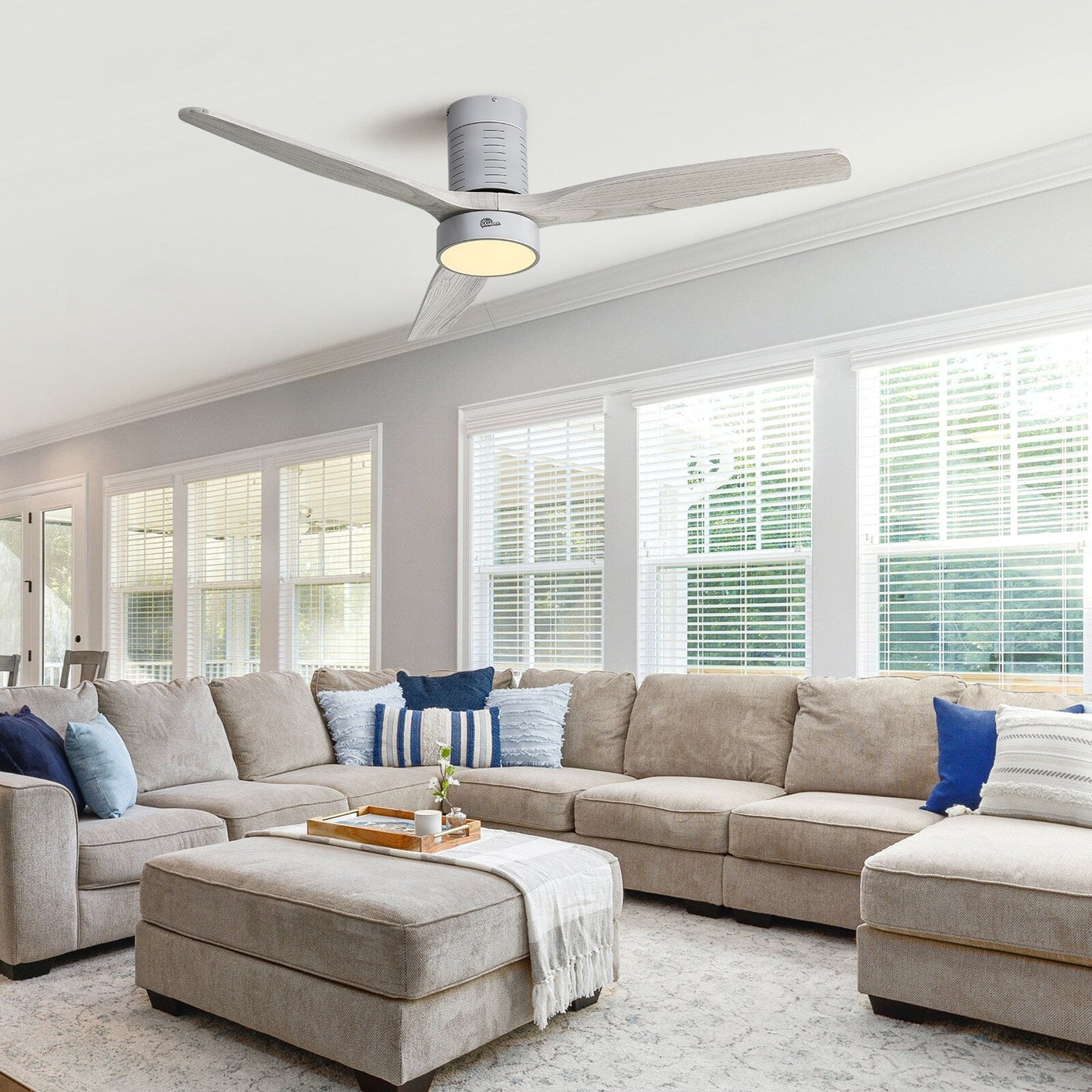 52 Inch Farmhouse Style Flush Mount Ceiling Fan with Light and Remote Control, Reversible DC Motor