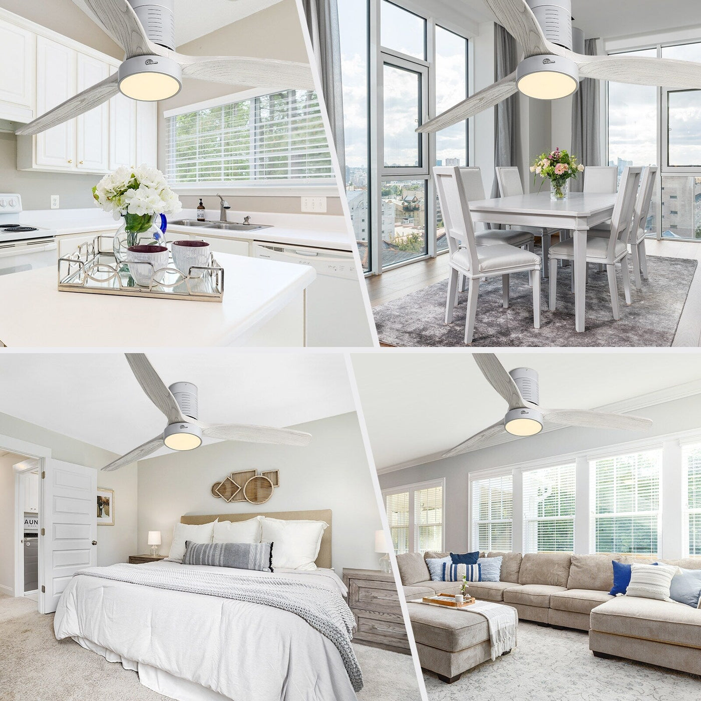 52 Inch Farmhouse Style Flush Mount Ceiling Fan with Light and Remote Control, Reversible DC Motor