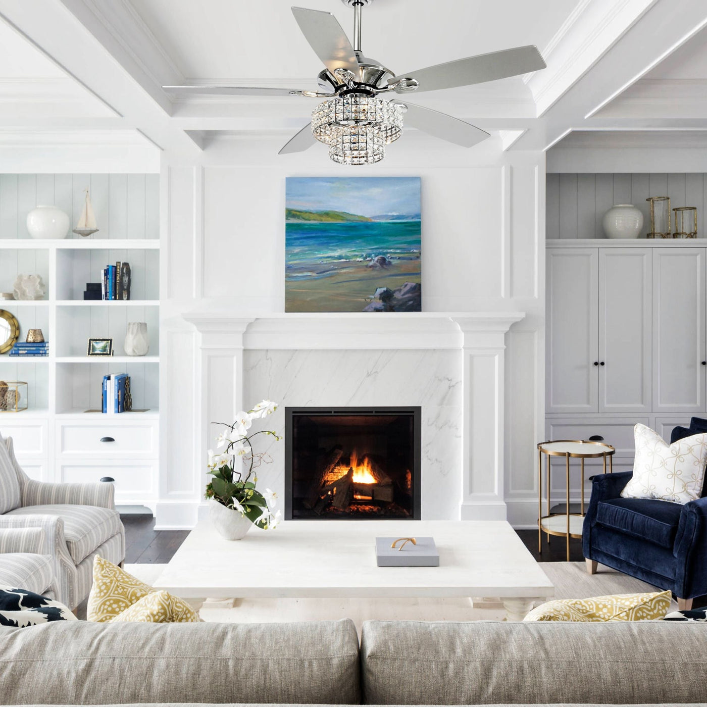 52-inch Chrome Wooden 5-blade Modern Crystal Ceiling Fan with Remote