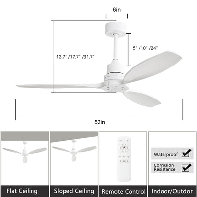 52 inch Modern Solid Wood / ABS Ceiling Fan With Remote Control(No Light),6 WInd Speed,Reversible Airflow