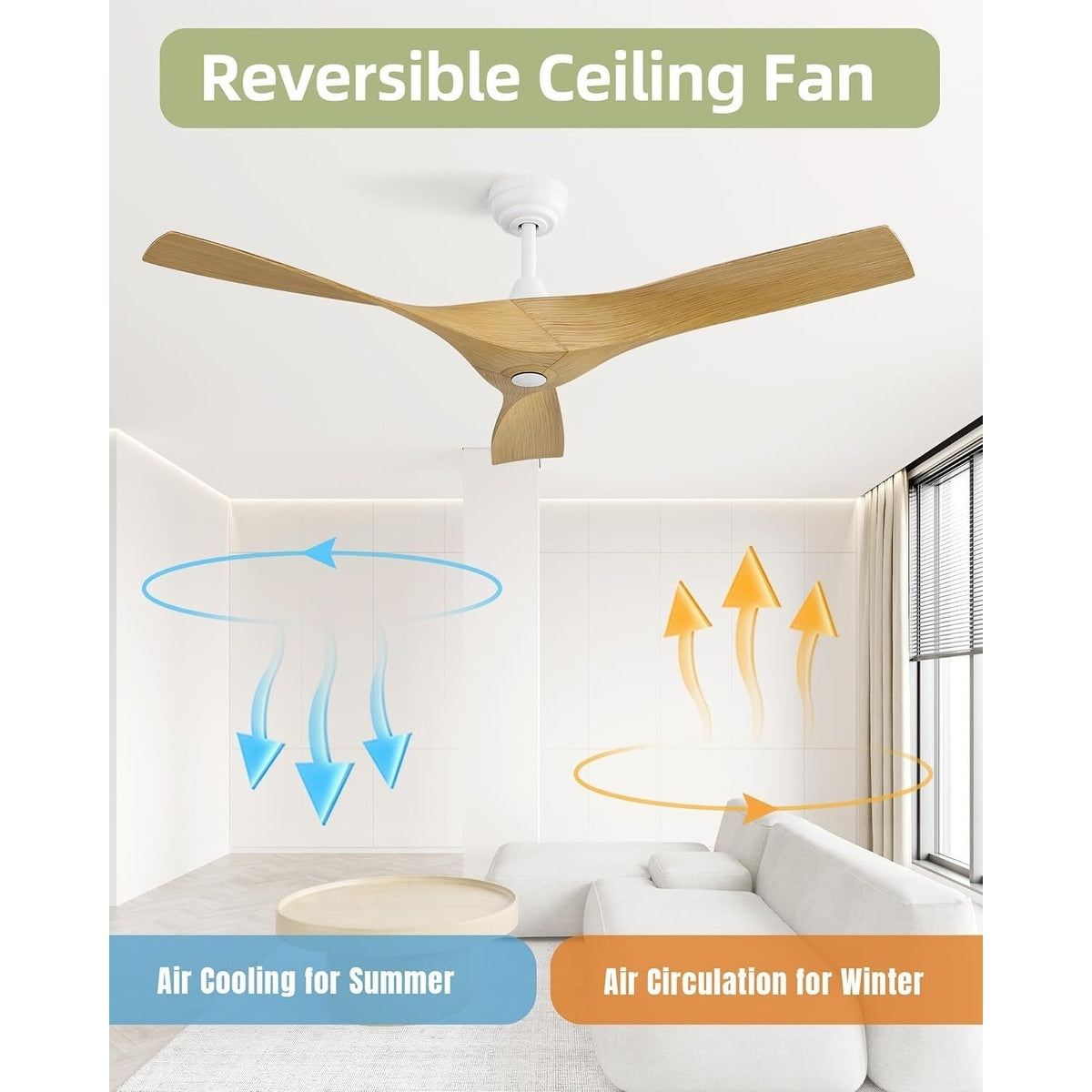 52 inch Modern Solid Wood / ABS Ceiling Fan With Remote Control(No Light),6 WInd Speed,Reversible Airflow