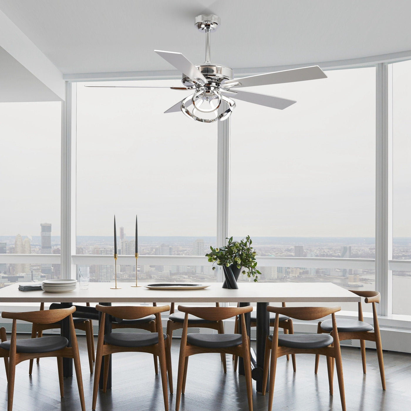 52 Modern Chrome/ Black Indoor Dimmable LED Ceiling Fan with Light and Remote