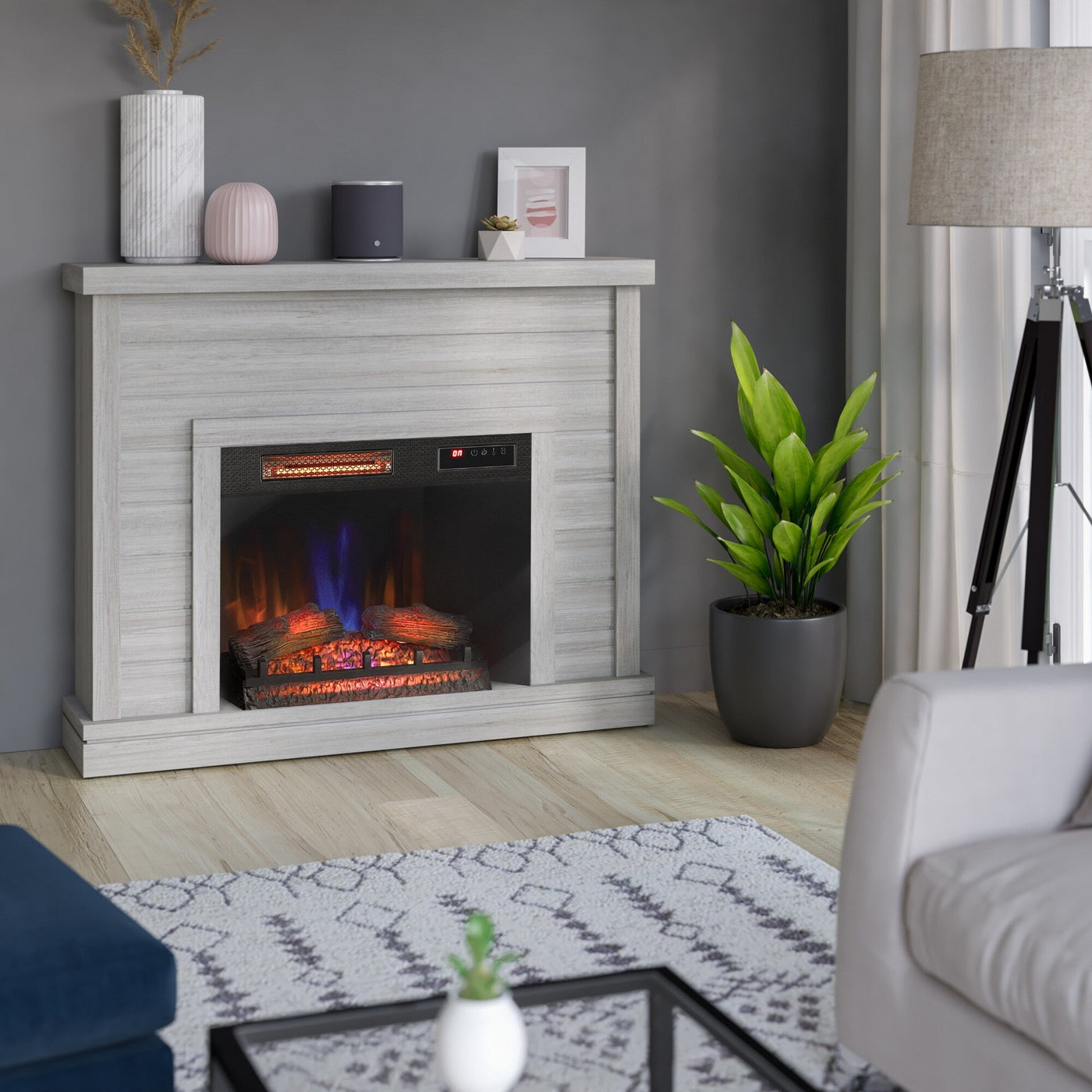 52 Shiplap Wall Mantel with 3D Fireplace Insert