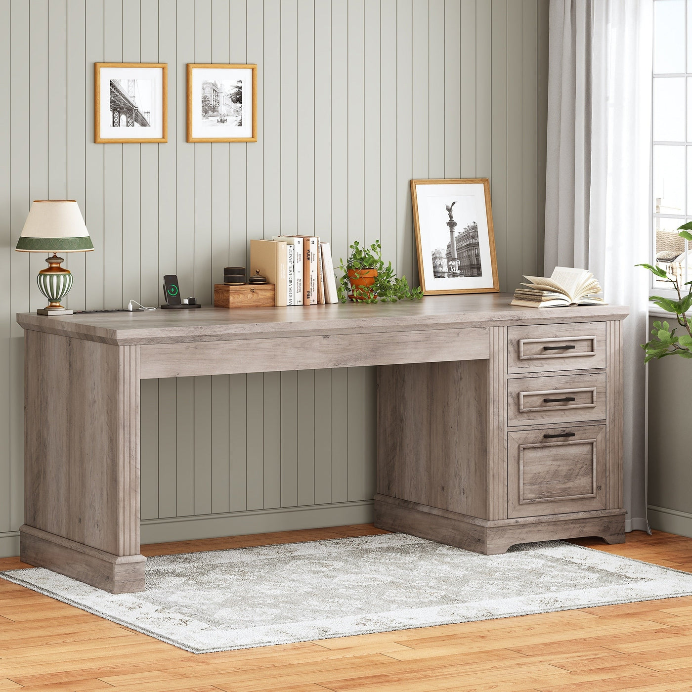 Farmhouse Executive Desk Home Office Desk File Drawer Monitor Stand Power Outlet