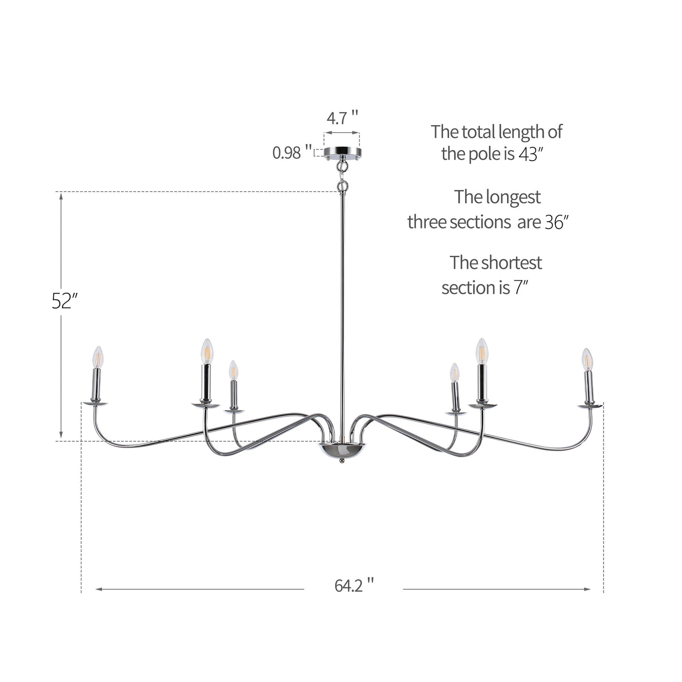 6 Light 64 Inches Minimalist Chandelier in Matte Black / Gold /Chrome - N/A
