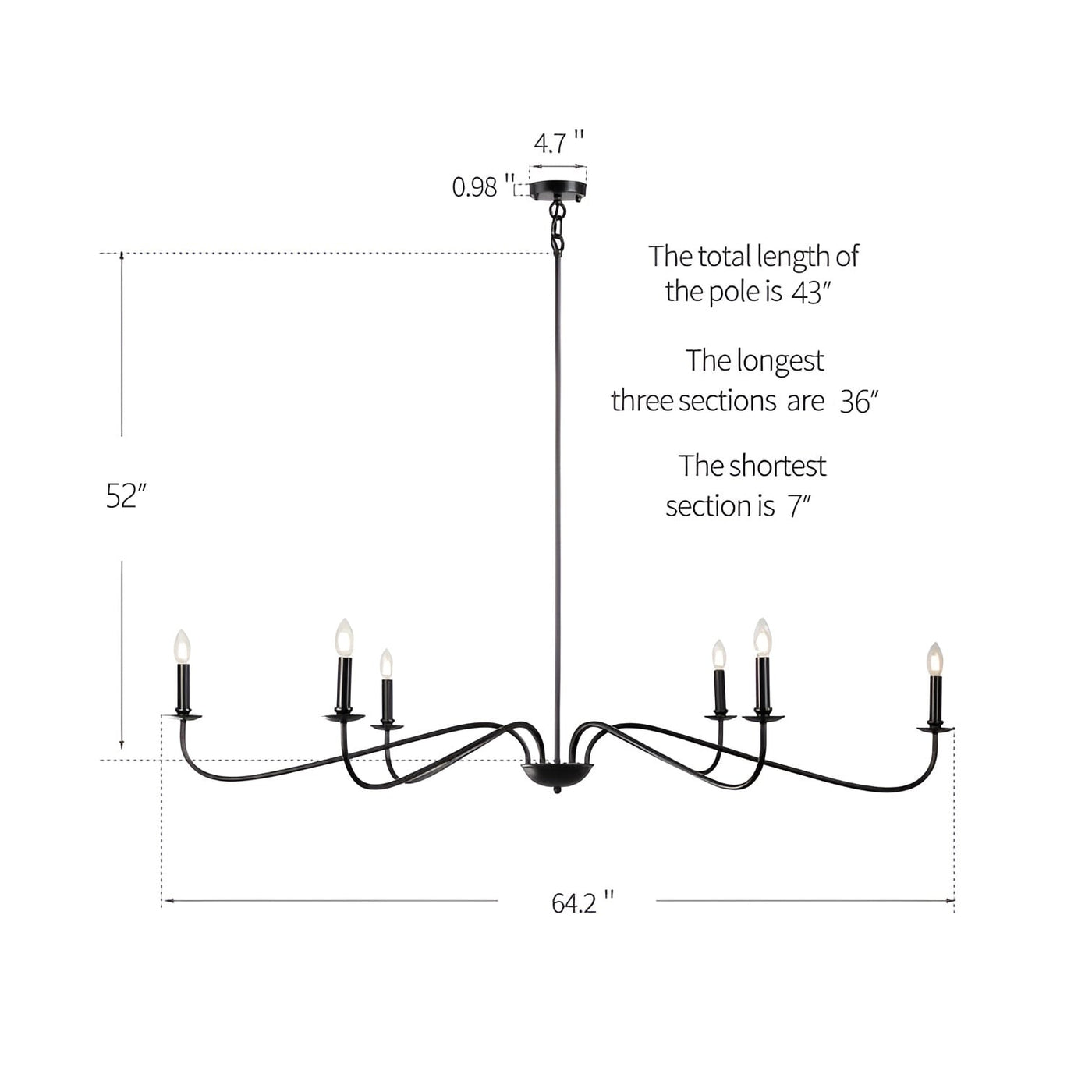 6 Light 64 Inches Minimalist Chandelier in Matte Black / Gold /Chrome - N/A