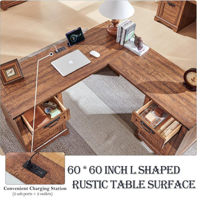 60 Farmhouse L Shaped Executive Desk, Wood Corner Desk, Computer Desk