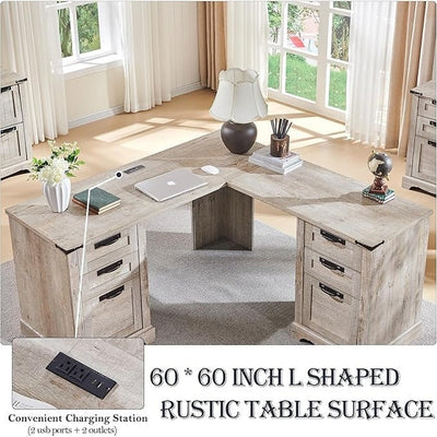 60 Farmhouse L Shaped Executive Desk, Wood Corner Desk, Computer Desk