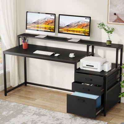 63 Computer Desk with Monitor Stand, Ergonomic Home Office Desks with Drawers File Cabinet