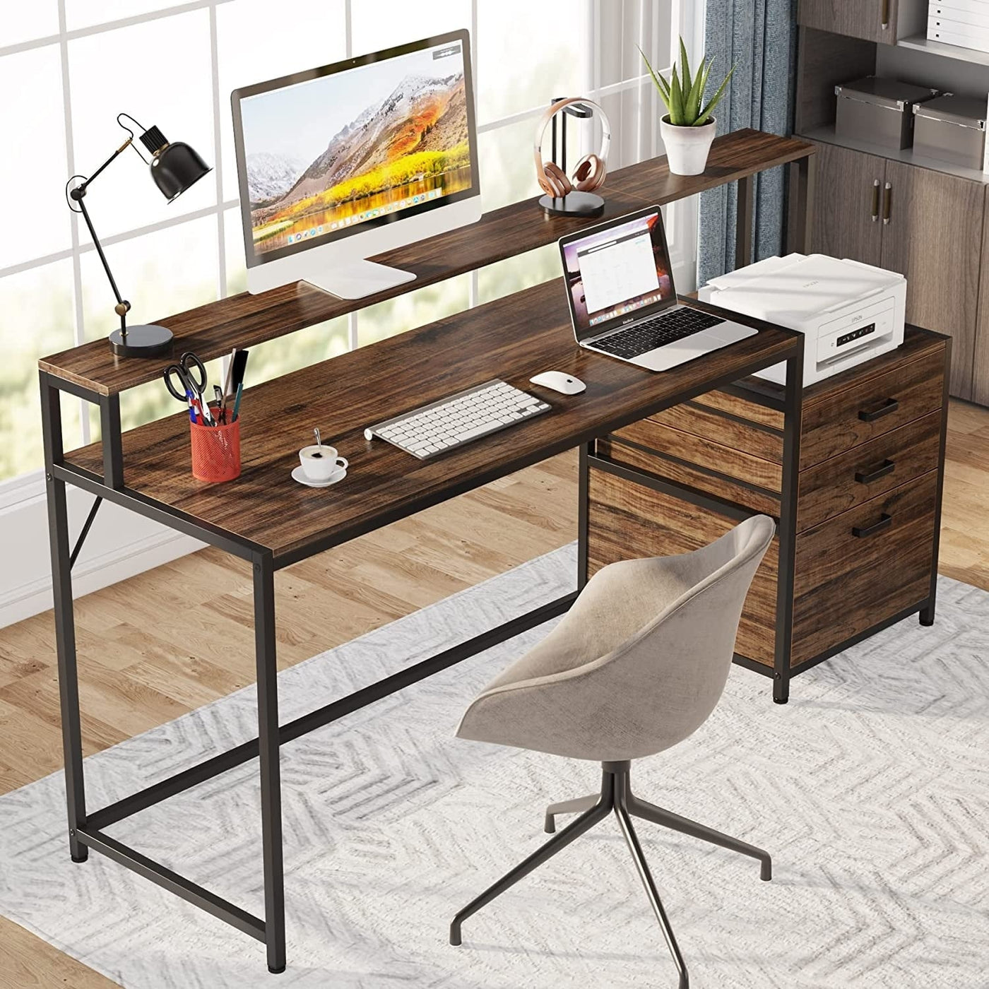 63 Computer Desk with Monitor Stand, Ergonomic Home Office Desks with Drawers File Cabinet