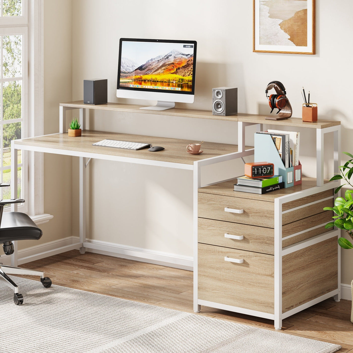 63 Computer Desk with Monitor Stand, Ergonomic Home Office Desks with Drawers File Cabinet