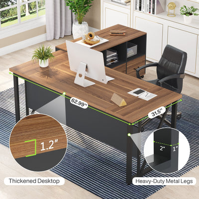 63 L-Shaped Computer Desk with 47 inches Lateral File Cabinet, Executive Desk Home Office Furniture Desk Set