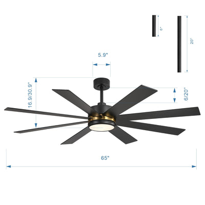 65 Inch 8-Blade Black LED Ceiling Fan with Light and Remote