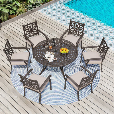 MAISON ARTS Cast Aluminum Dining Chairs/Patio Dining Set with Round Dining Table & 6 Cast Aluminum Patio Chairs