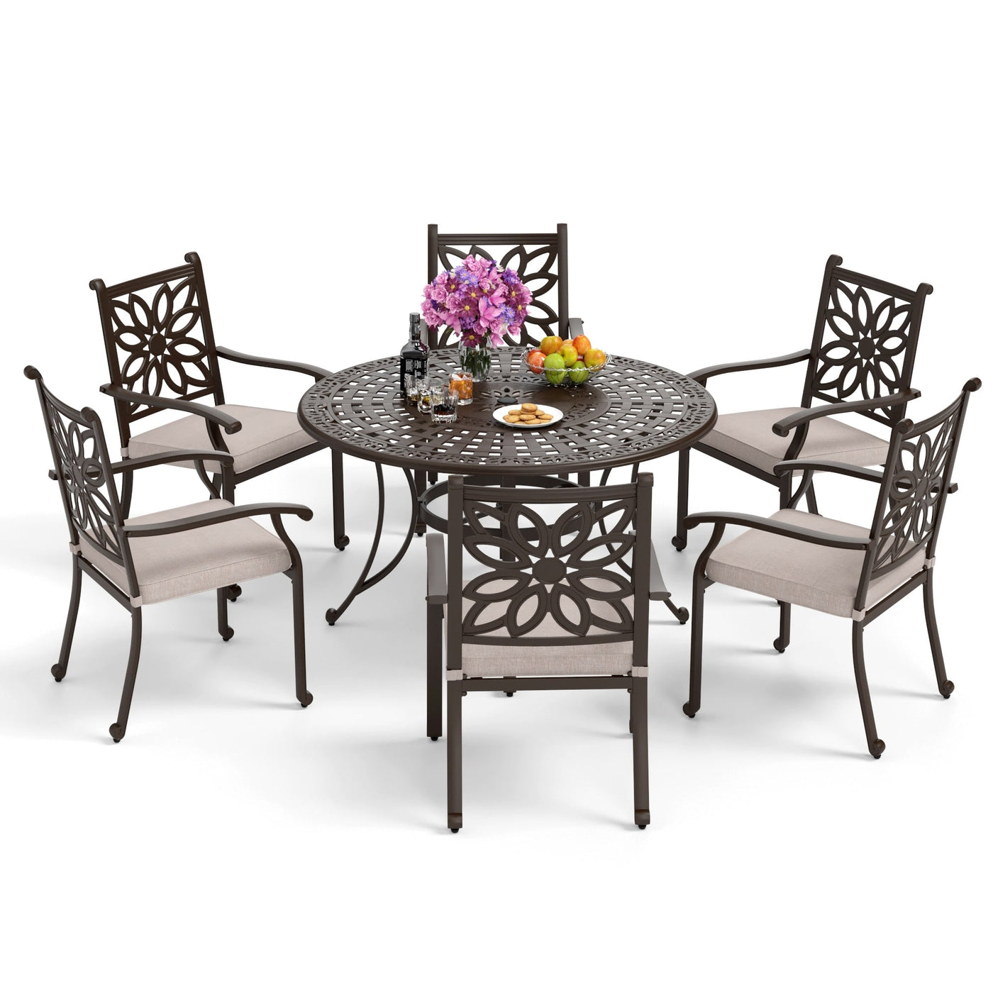 MAISON ARTS Cast Aluminum Dining Chairs/Patio Dining Set with Round Dining Table & 6 Cast Aluminum Patio Chairs