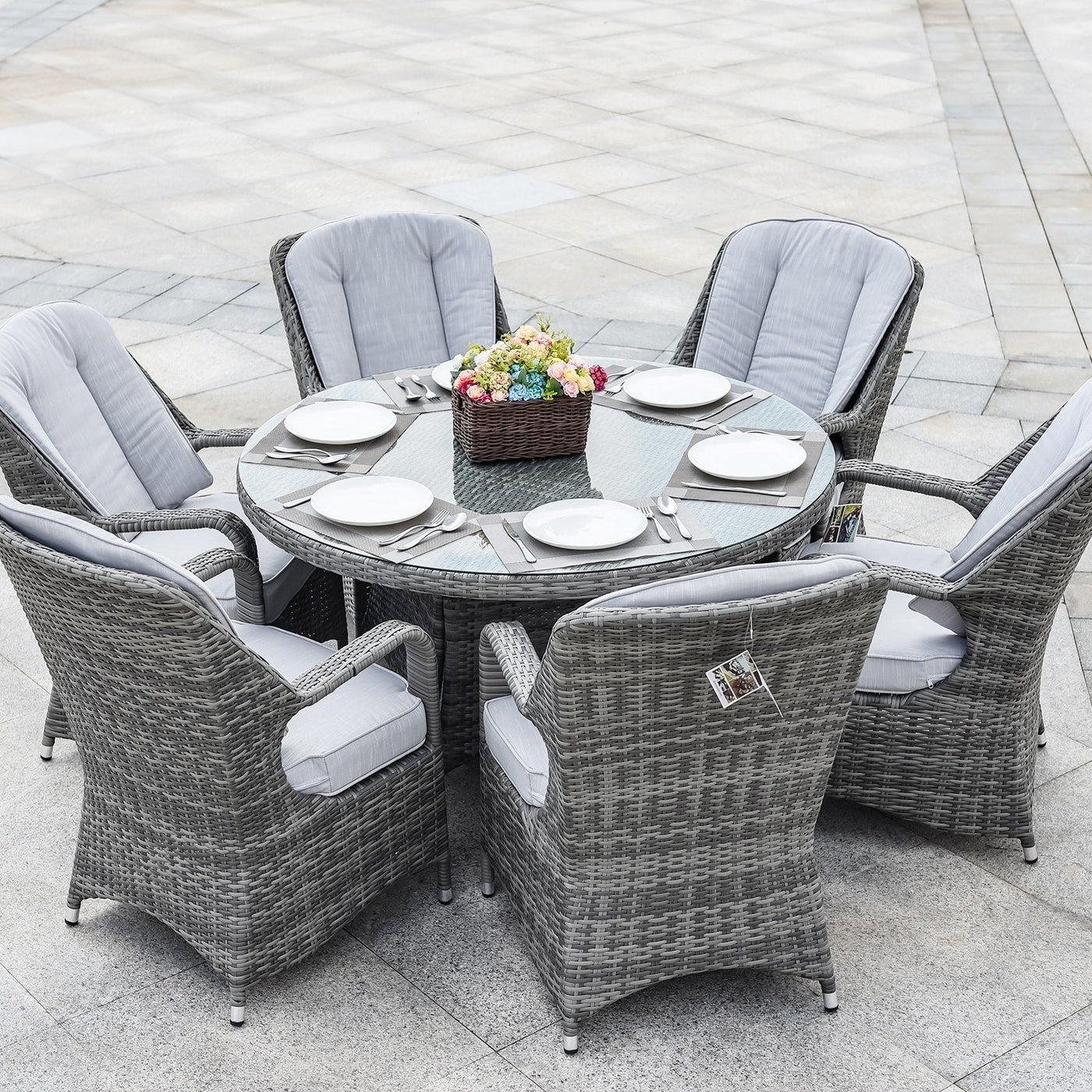 7 Pieces Outdoor Rattan Wicker Patio Round Dining Set with Cushions by Moda Furnishings