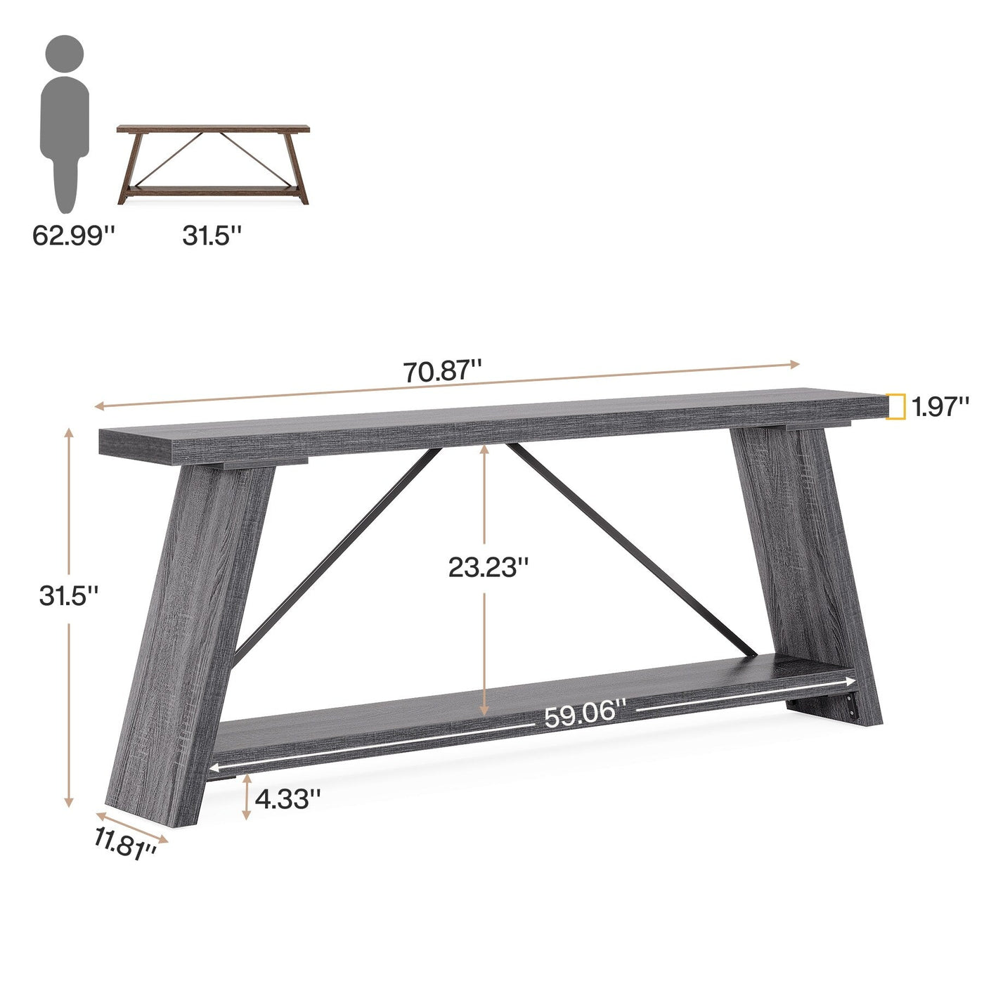 70.9 Inches Long Rustic Wood Console Sofa Table with Storage Shelf
