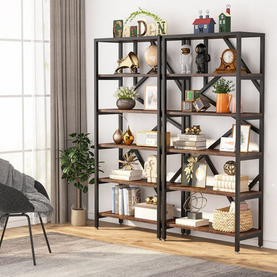 71 Industrial Bookshelf, 6 Tier Rustic Brown Wood Etagere Bookcase, Open Book Shelves