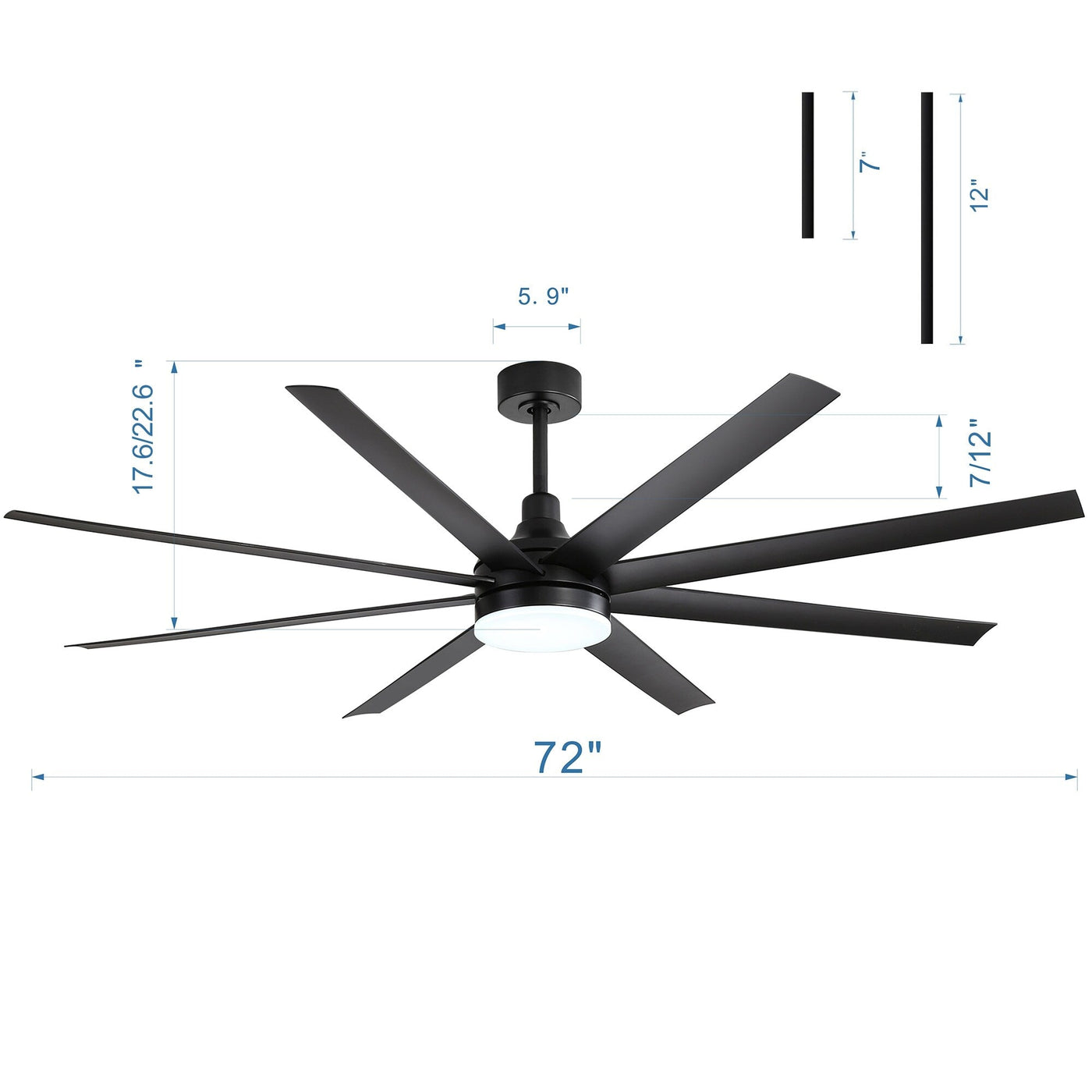 72 Large Ceiling Fans with LED Light Remote Control-8 Blade - 72 Inch