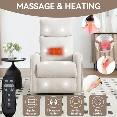 8 Point Massage Manual Recliner Chair Fabric Swivel Rocking Chair Single Sofa Armchair with Rocker and Lumbar Heating