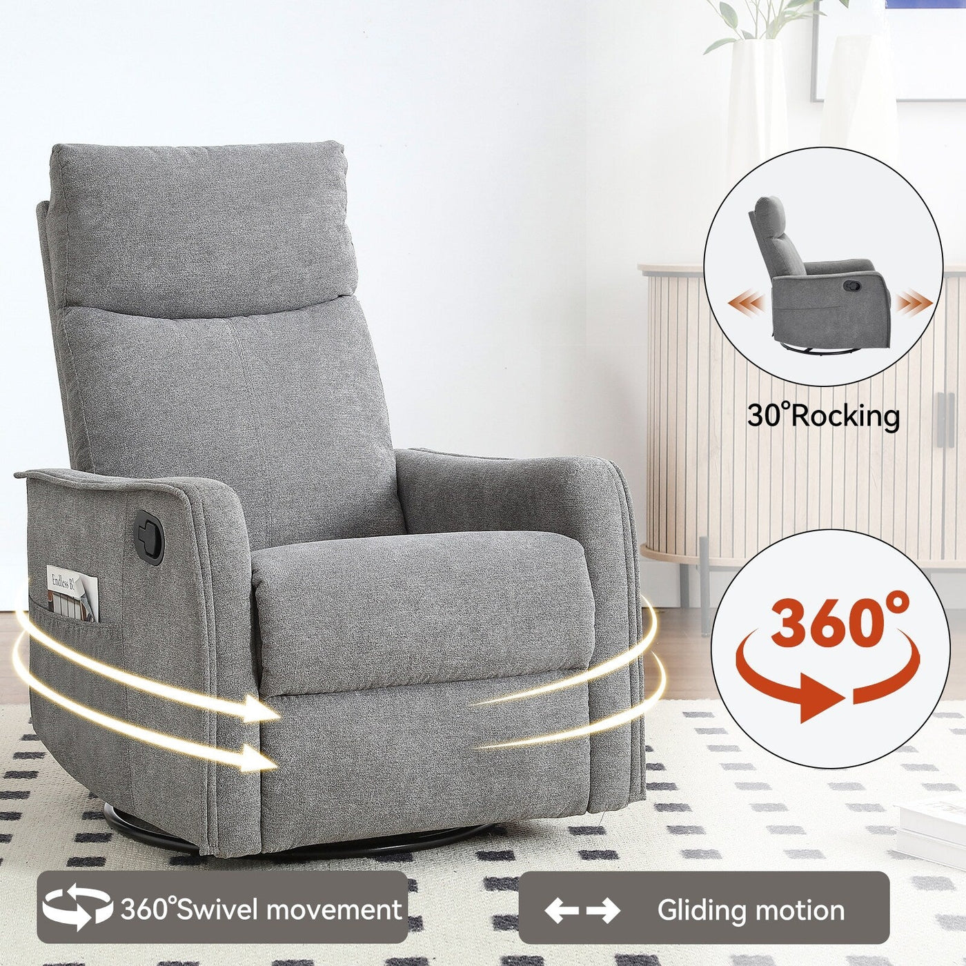 8 Point Massage Manual Recliner Chair Fabric Swivel Rocking Chair Single Sofa Armchair with Rocker and Lumbar Heating