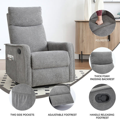 8 Point Massage Manual Recliner Chair Fabric Swivel Rocking Chair Single Sofa Armchair with Rocker and Lumbar Heating