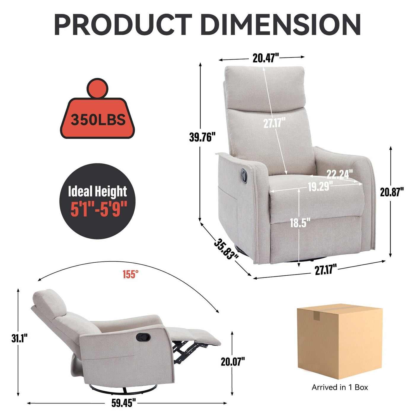 8 Point Massage Manual Recliner Chair Fabric Swivel Rocking Chair Single Sofa Armchair with Rocker and Lumbar Heating