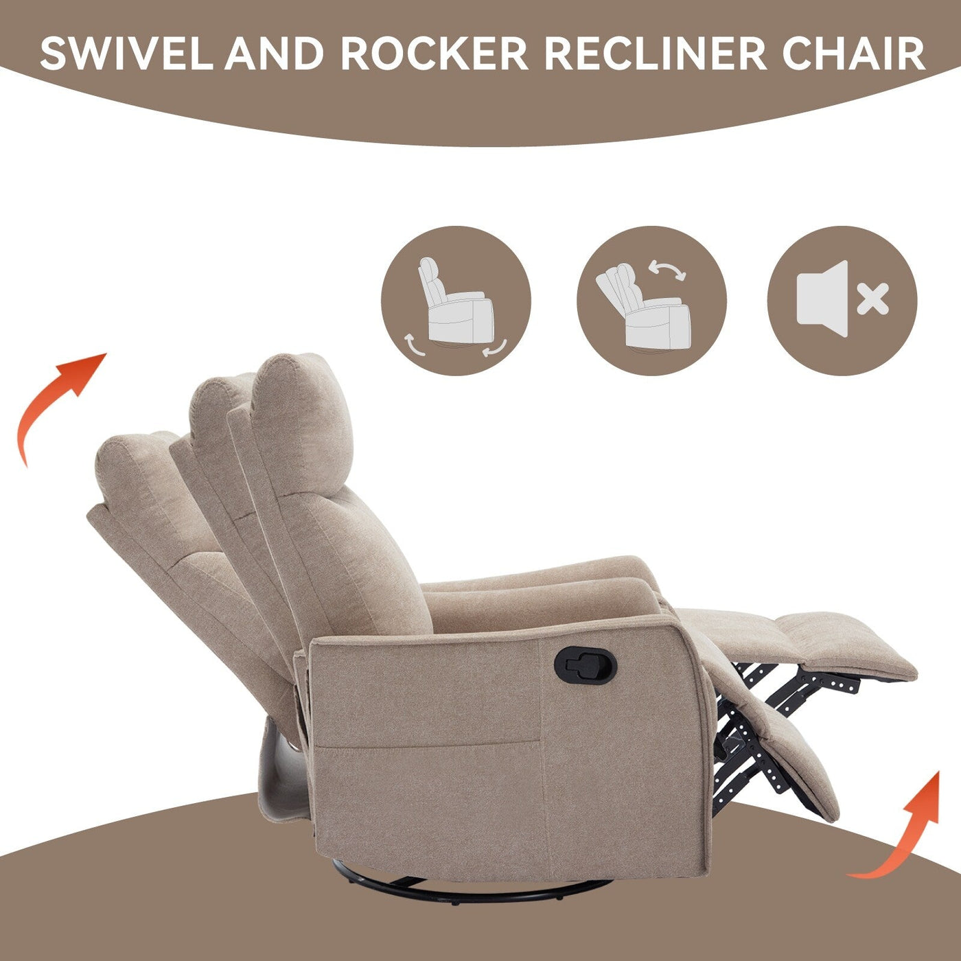 8 Point Massage Manual Recliner Chair Fabric Swivel Rocking Chair Single Sofa Armchair with Rocker and Lumbar Heating
