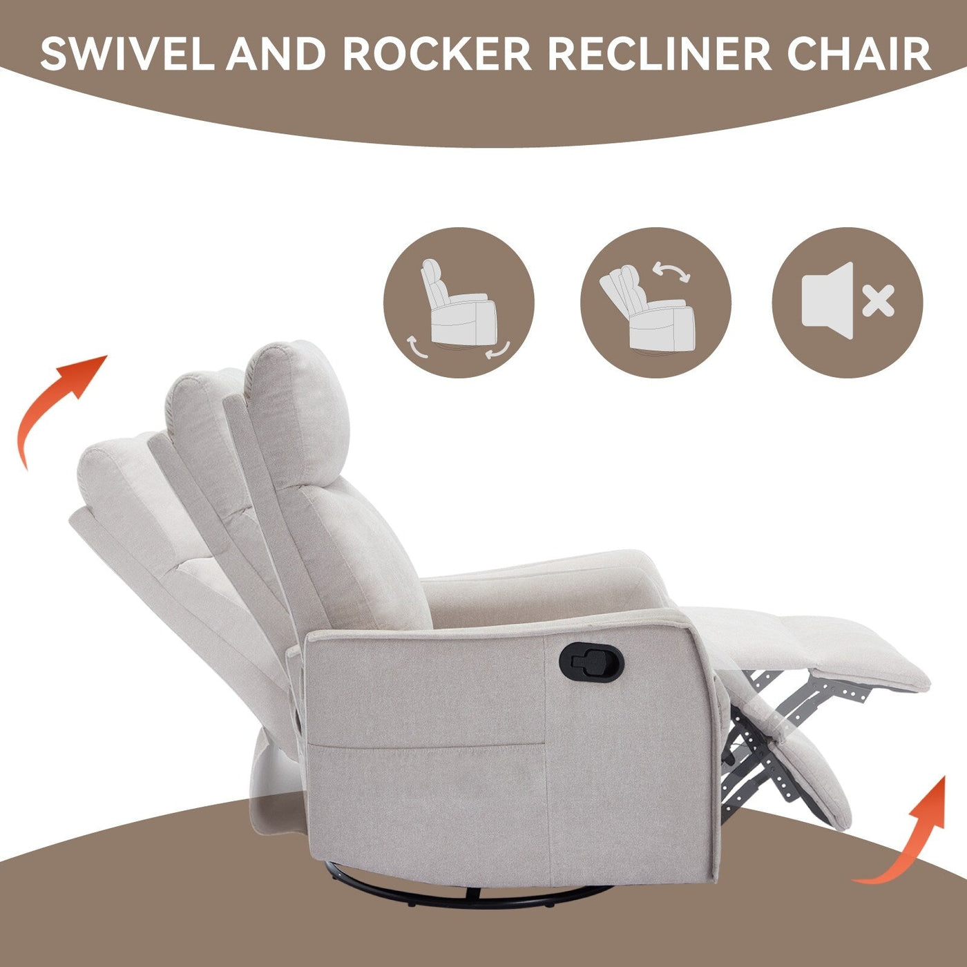 8 Point Massage Manual Recliner Chair Fabric Swivel Rocking Chair Single Sofa Armchair with Rocker and Lumbar Heating