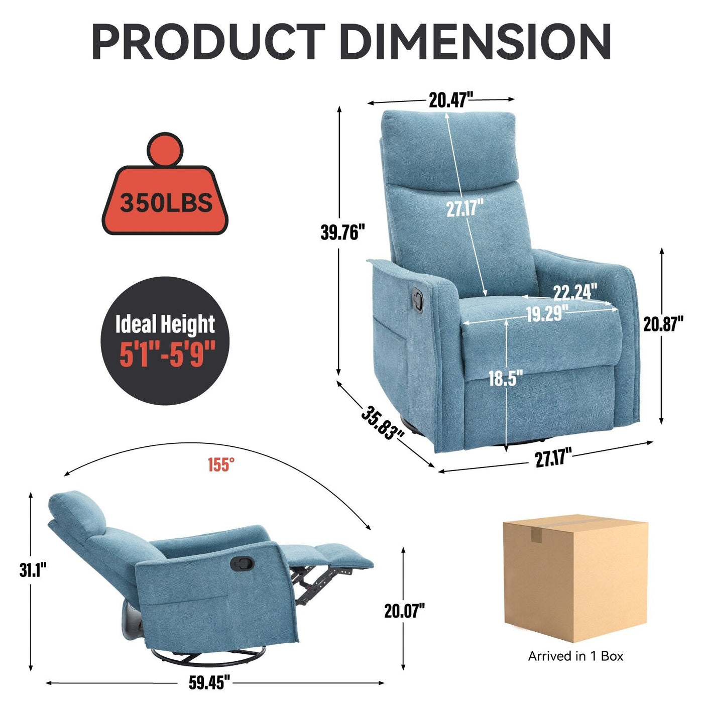 8 Point Massage Manual Recliner Chair Fabric Swivel Rocking Chair Single Sofa Armchair with Rocker and Lumbar Heating