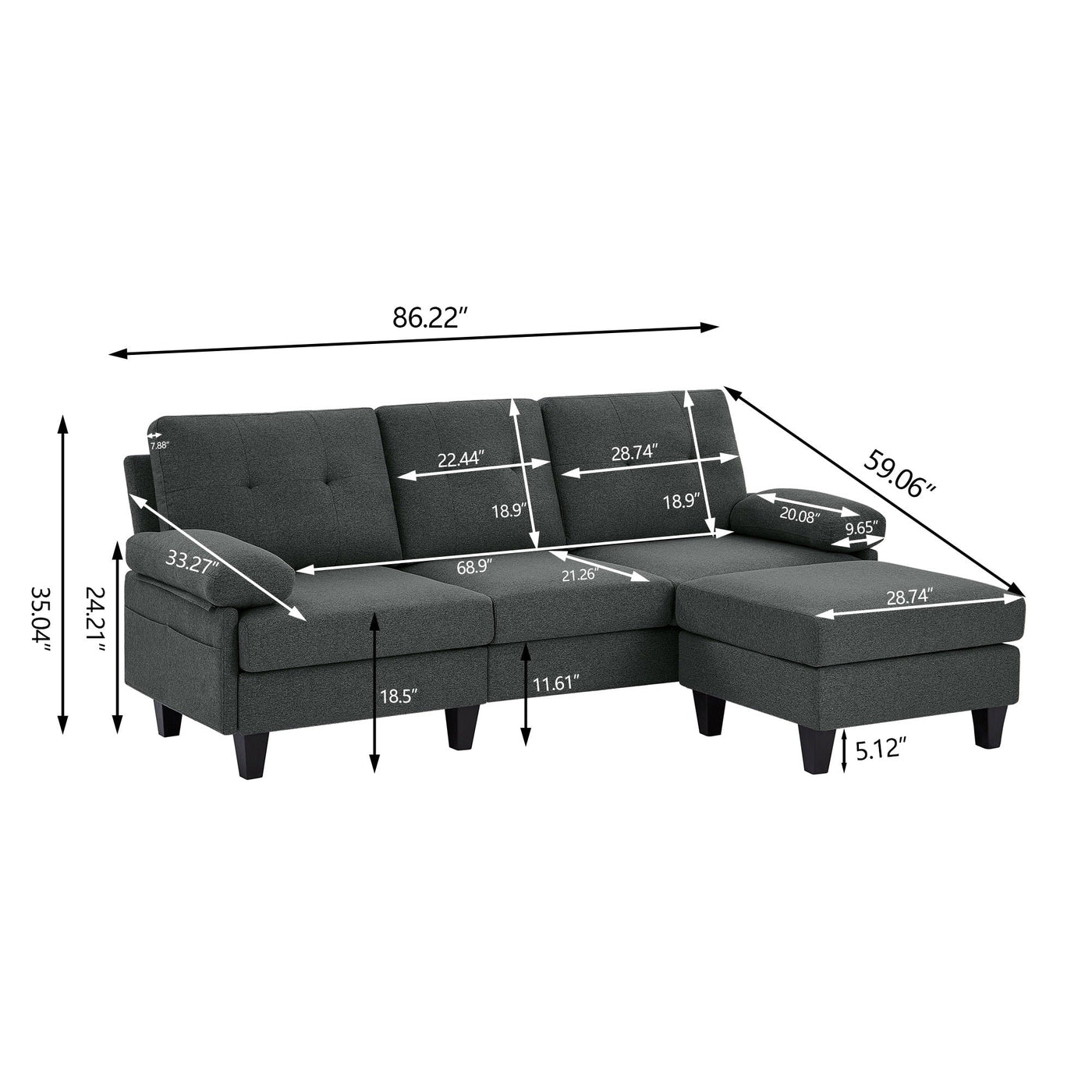86.22 L Shaped Sectional Sofa with Side Storage Pockets