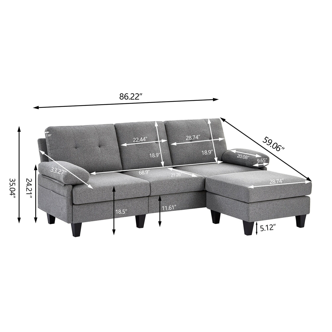 86.22 L Shaped Sectional Sofa with Side Storage Pockets