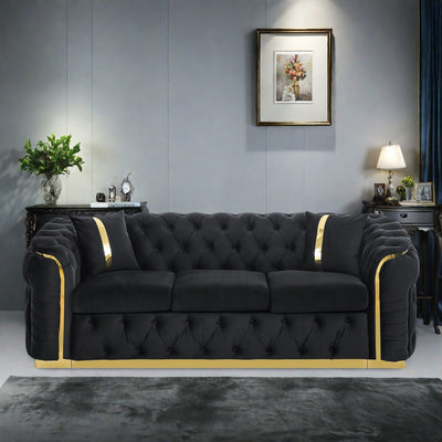 90.6 Velvet 3-Seater Sofa with 2 Pillows High-Density Cushions, Gold Accents, and Pillows