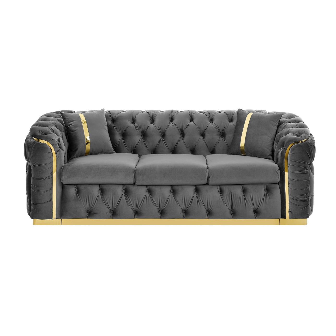 90.6 Velvet 3-Seater Sofa with 2 Pillows High-Density Cushions, Gold Accents, and Pillows