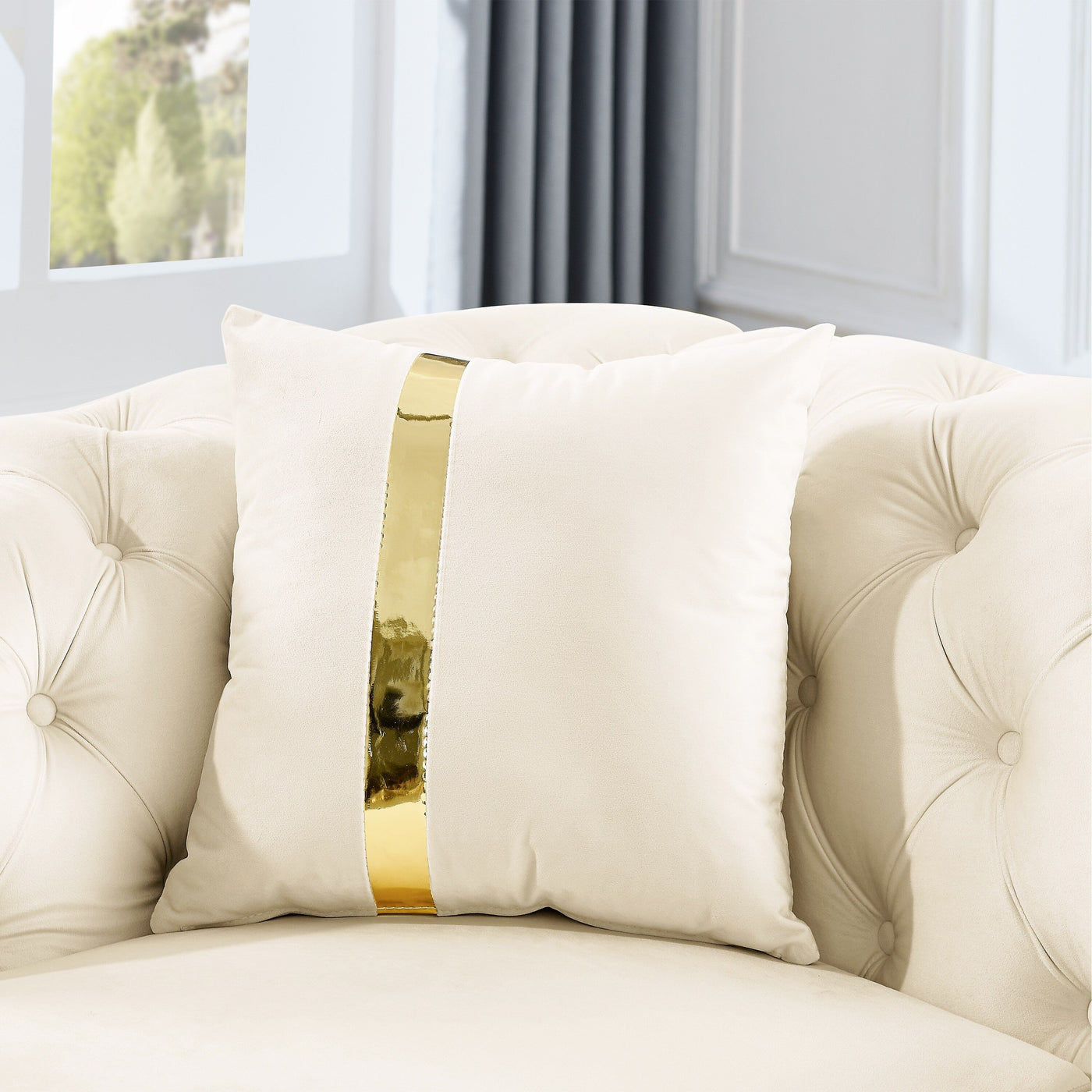 90.6 Velvet 3-Seater Sofa with 2 Pillows High-Density Cushions, Gold Accents, and Pillows