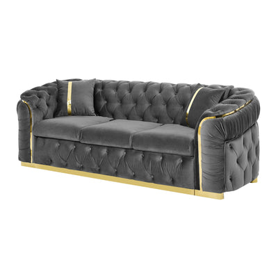90.6 Velvet 3-Seater Sofa with 2 Pillows High-Density Cushions, Gold Accents, and Pillows