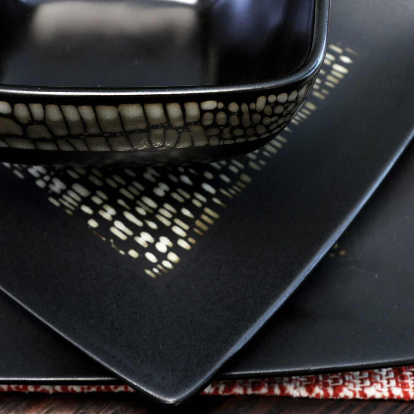 Abstract Square Double Bowl Black Stoneware Dinnerware Set 16 Pieces