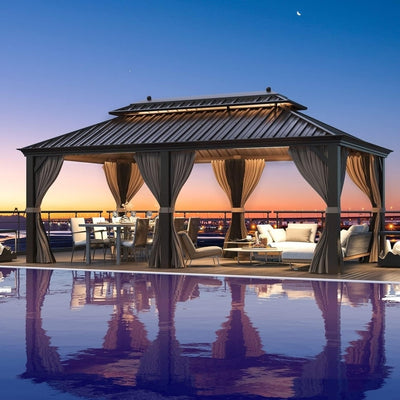 Erommy Hardtop Gazebo with Aluminum Frame and Double Roof, Permanent Outdoor Gazebo Includes Curtains&Netting for Patio Backyard