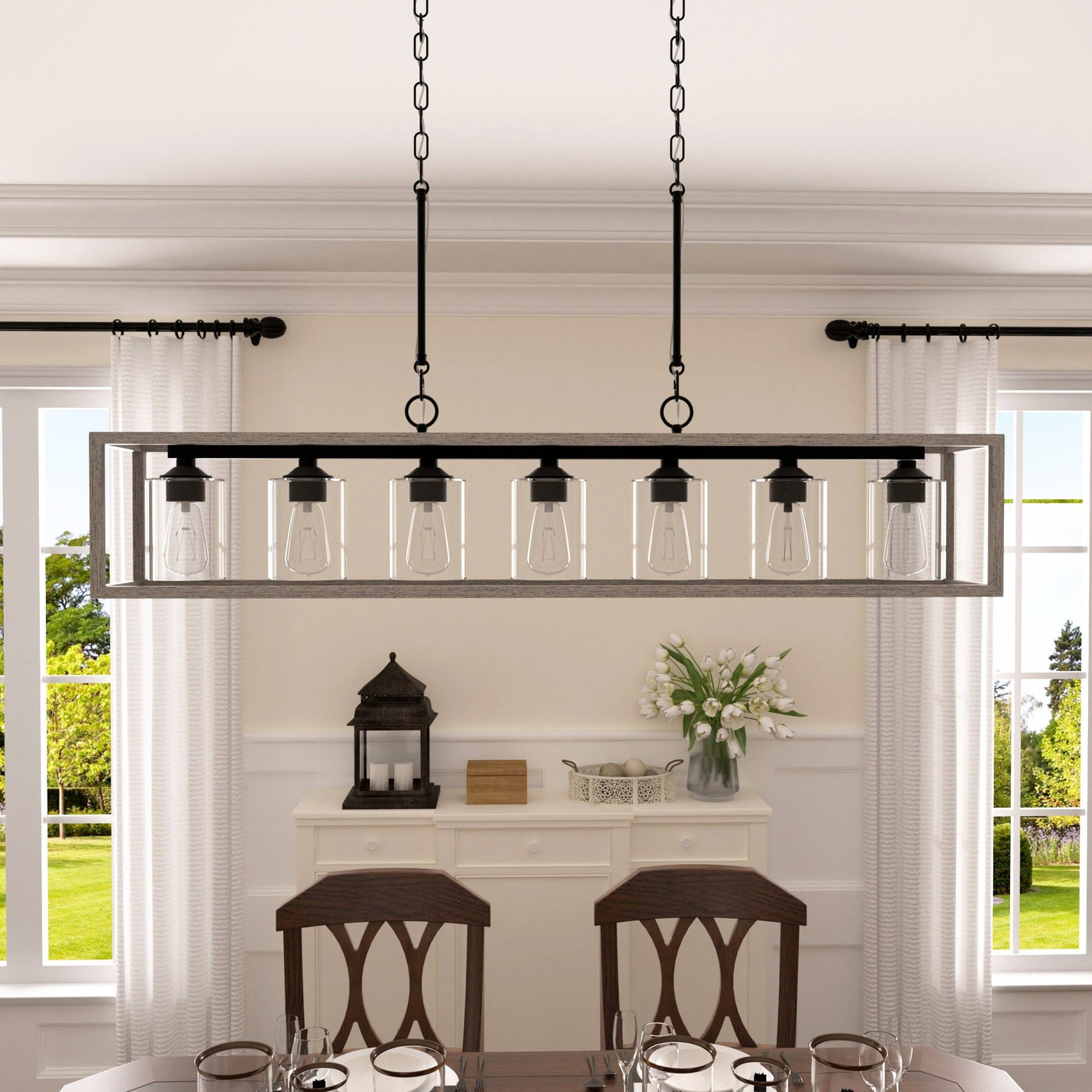 Allegray 52in Farmhouse 7-light Linear Chandelier Rectangle Kitchen Island Pendant